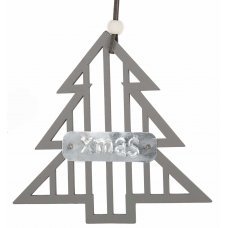 Χριστουγεννιάτικο Κρεμαστό Ξύλινο Δεντράκι Ασημί, με Επιγραφή "X-MAS" (13cm)